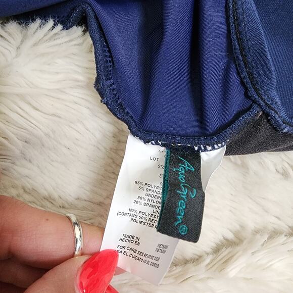 Aqua Green Navy Blue Swim Dress Size Small Side Slit Adjustable Straps Gold - Picture 8 of 9